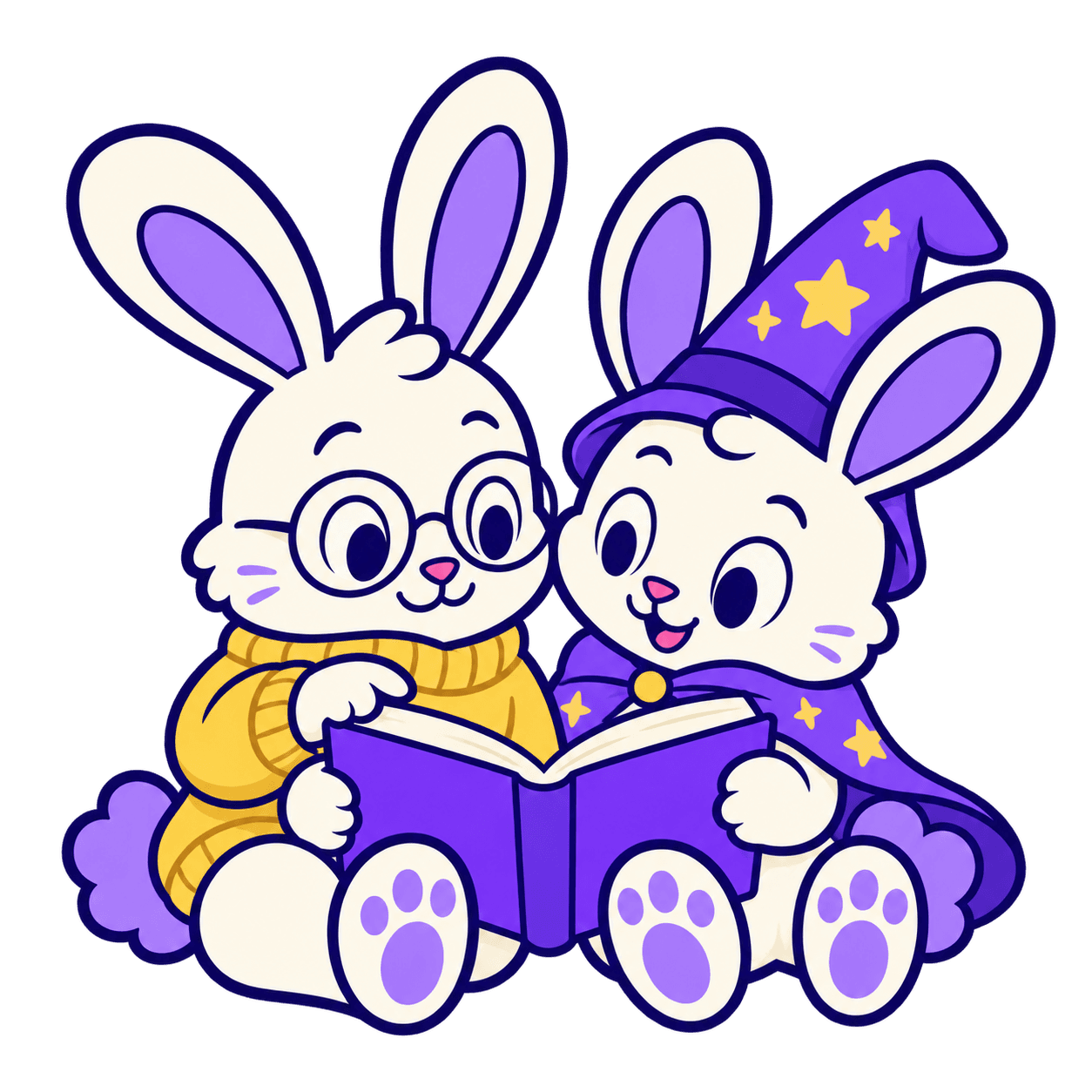 Two Readee bunnies, one in a cozy sweater and one dressed as a wizard, sharing a book.